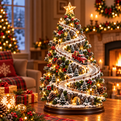 🚗🏔️ Mountain Christmas Village – Lighted Tree with Moving Vintage Car