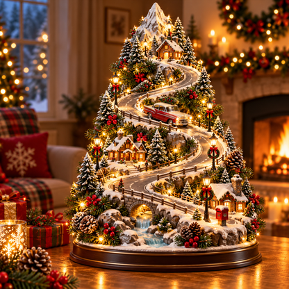🚗🏔️ Mountain Christmas Village – Lighted Tree with Moving Vintage Car