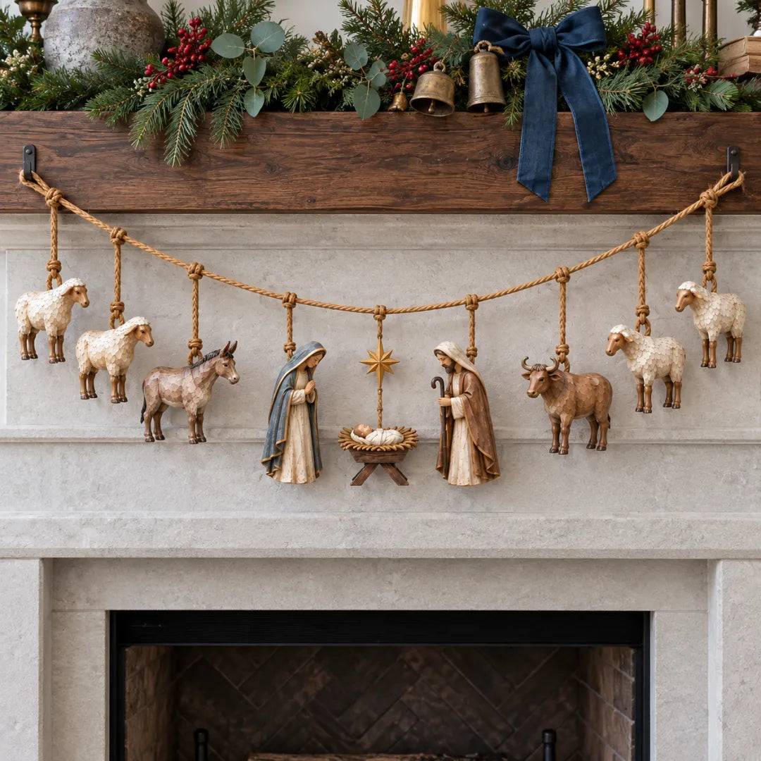 Wooden Nativity garland above a Christmas fireplace