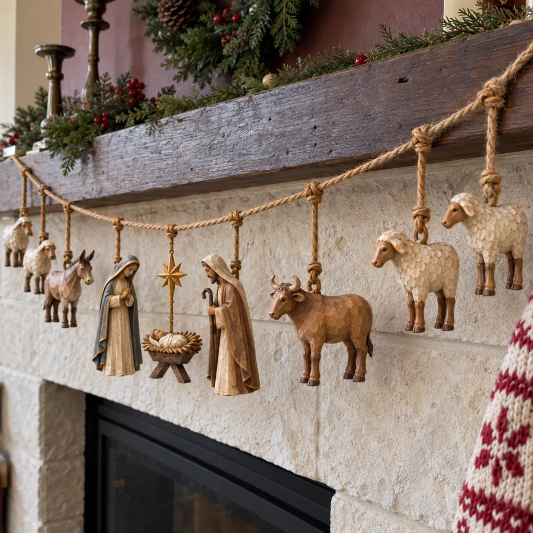 Close-up of Nativity garland figures and rope details