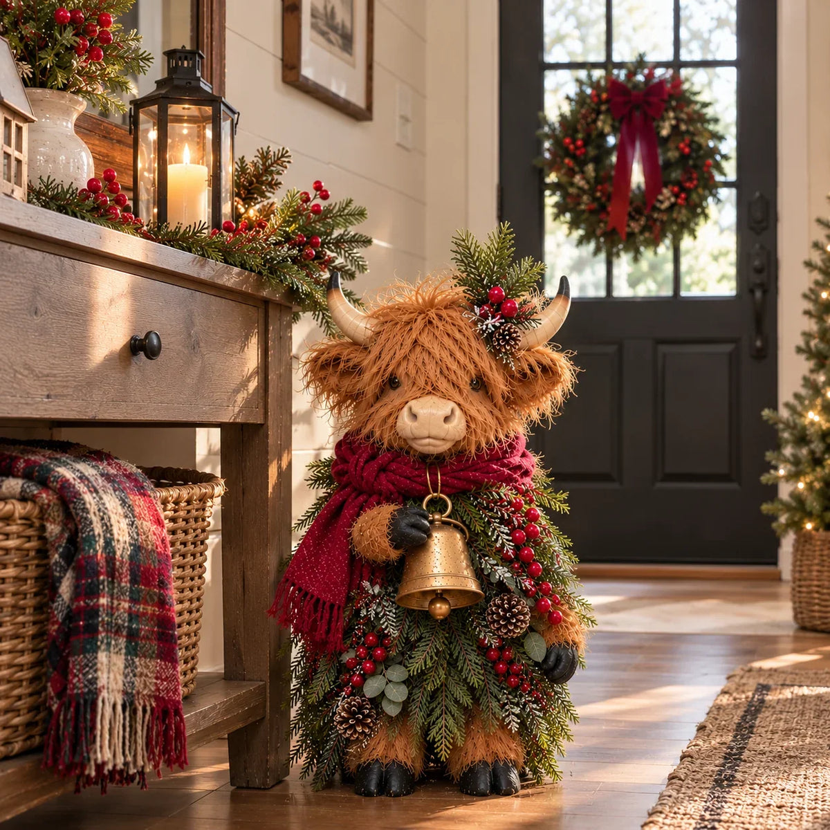 🐮🎄 Highland Christmas Bell Cow | Rustic Farmhouse Figurine