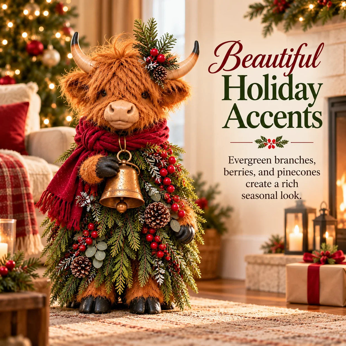 🐮🎄 Highland Christmas Bell Cow | Rustic Farmhouse Figurine