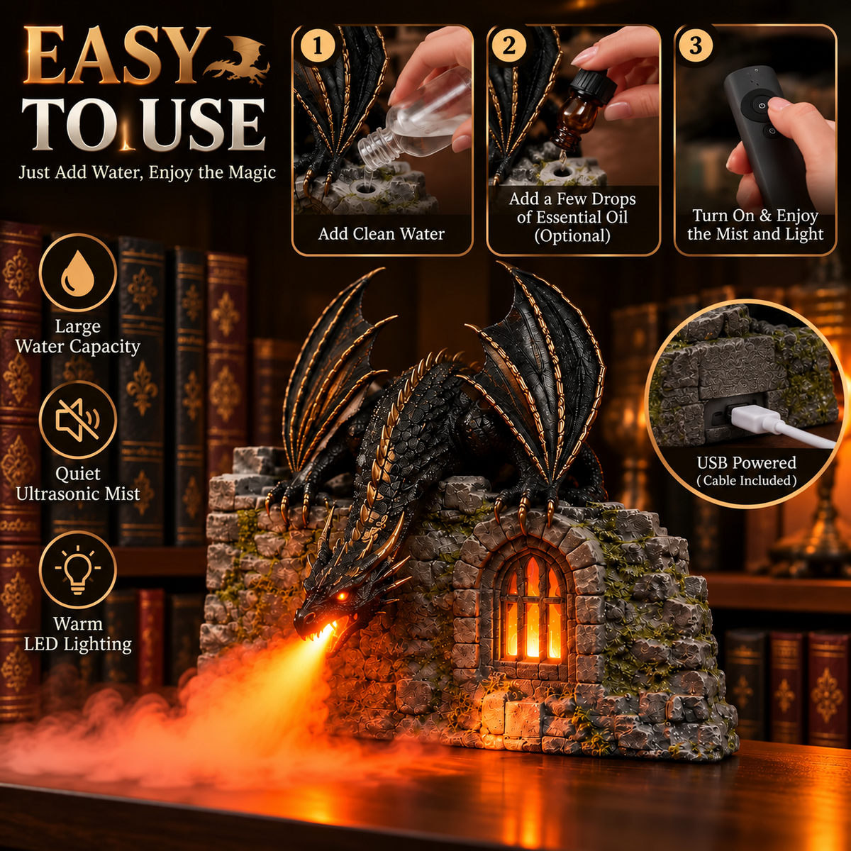 🐉 Dragonfire Castle™ – Glowing Flame Mist Humidifier