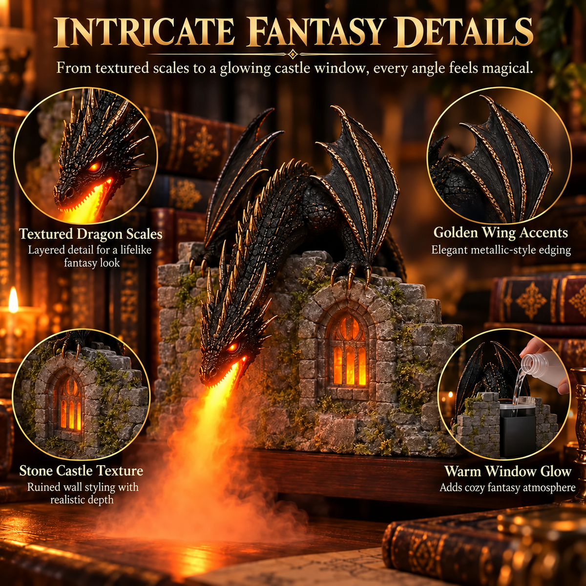 🐉 Dragonfire Castle™ – Glowing Flame Mist Humidifier