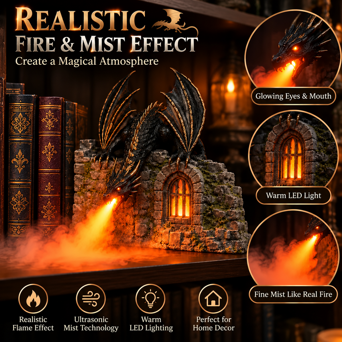🐉 Dragonfire Castle™ – Glowing Flame Mist Humidifier