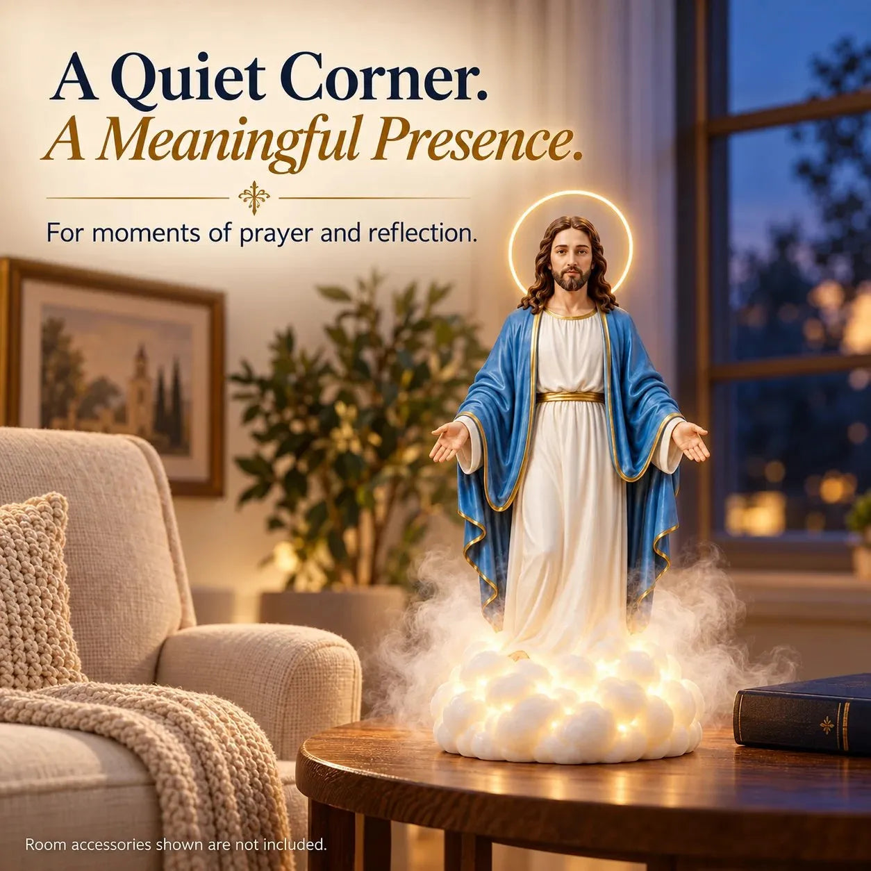 Holy Mist Jesus humidifier glowing on a table in a cozy room