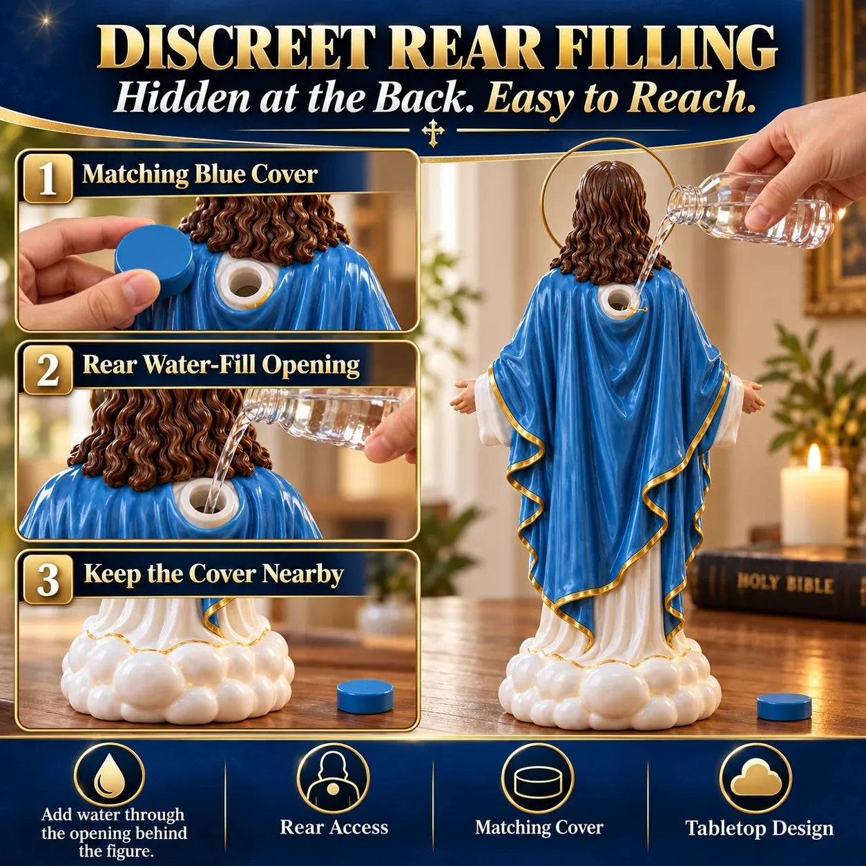 Rear water filling instructions for Holy Mist Jesus humidifier