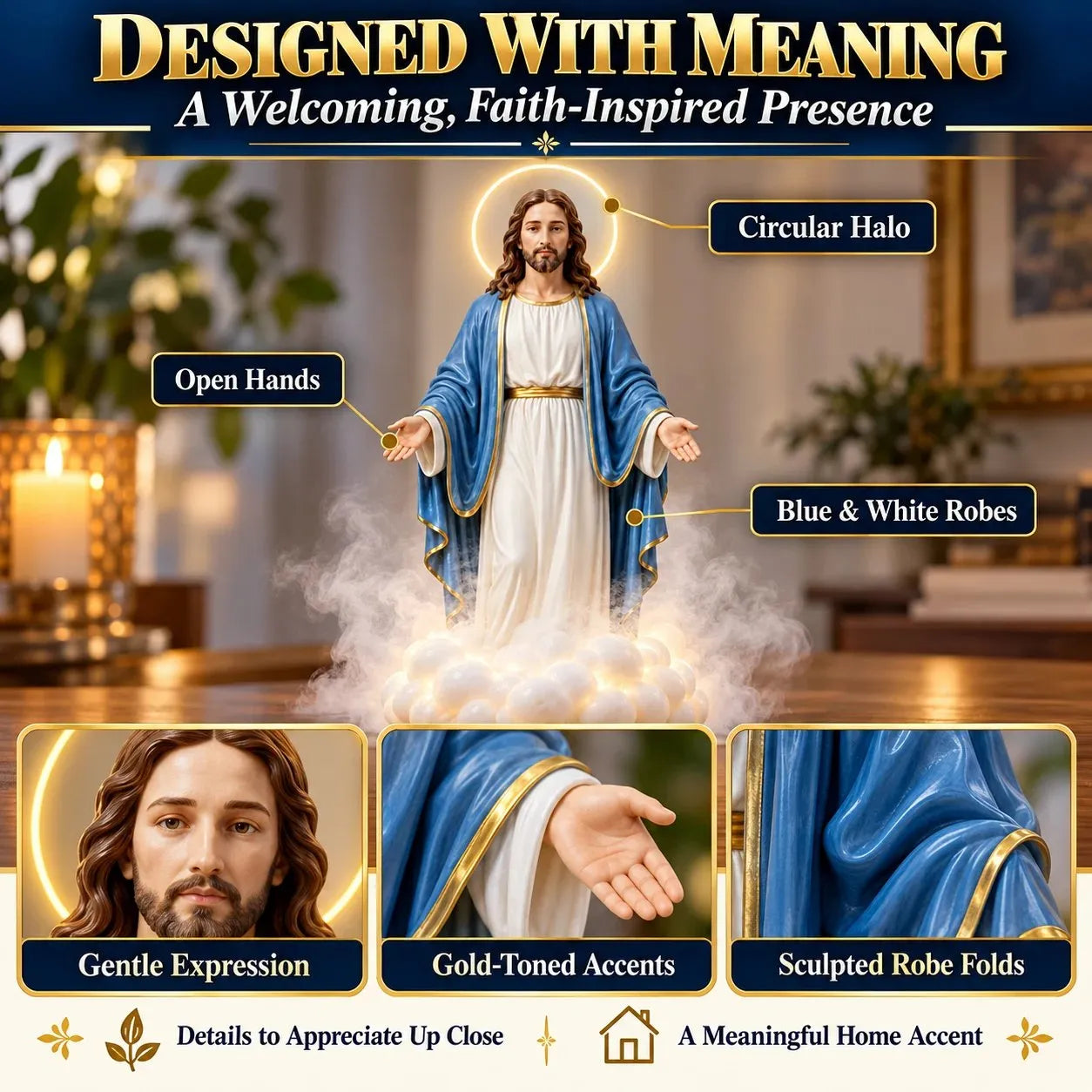 Jesus sculpture showing halo, robe details, hands and gold accents