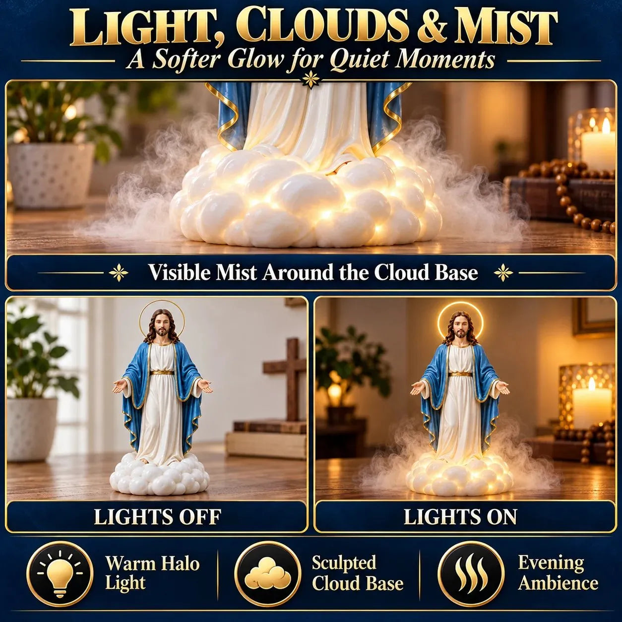 Holy Mist humidifier light-off and light-on comparison with illuminated clouds
