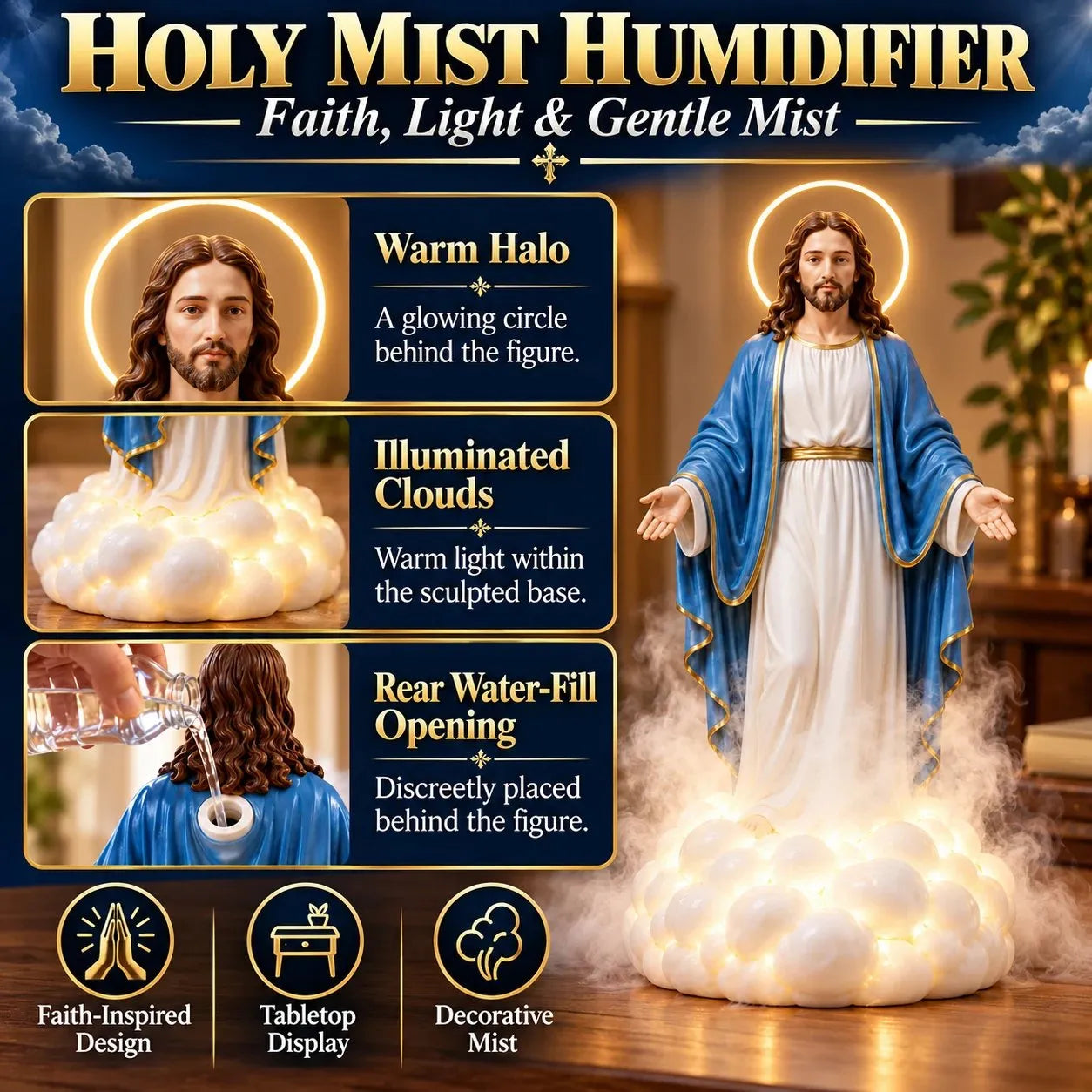 Holy Mist Jesus humidifier showing warm halo, glowing clouds and decorative mist