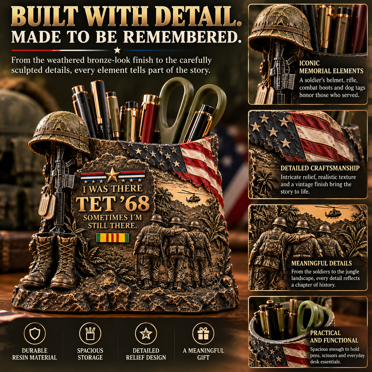 🇺🇸 I Was There. 🪖 Some Memories Never Leave. ❤️ TET ’68 Vietnam Veteran Memorial Pen Holder 🎖️🕊️