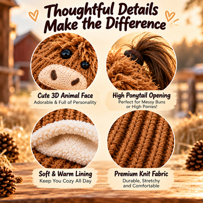 🐮🐴 Cozy Farm Friends™ | Highland Cow & Horse Ponytail Beanie