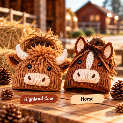 🐮🐴 Cozy Farm Friends™ | Highland Cow & Horse Ponytail Beanie