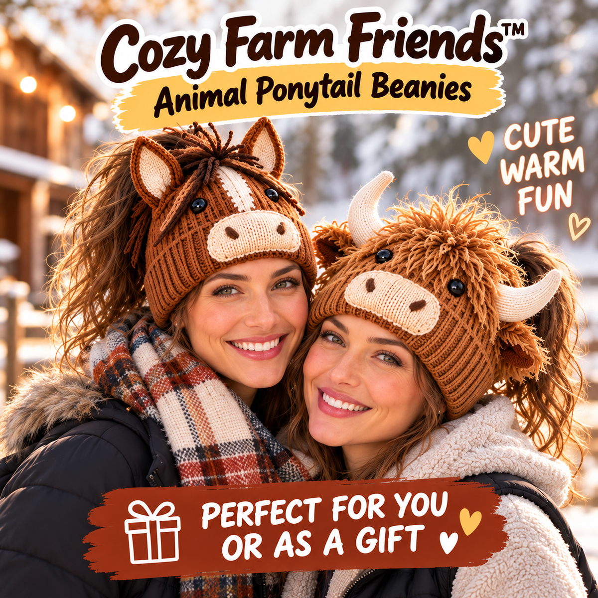 🐮🐴 Cozy Farm Friends™ | Highland Cow & Horse Ponytail Beanie