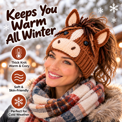 🐮🐴 Cozy Farm Friends™ | Highland Cow & Horse Ponytail Beanie