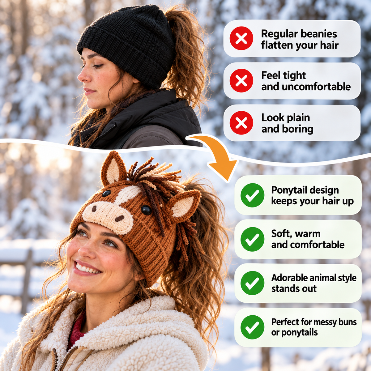 🐮🐴 Cozy Farm Friends™ | Highland Cow & Horse Ponytail Beanie