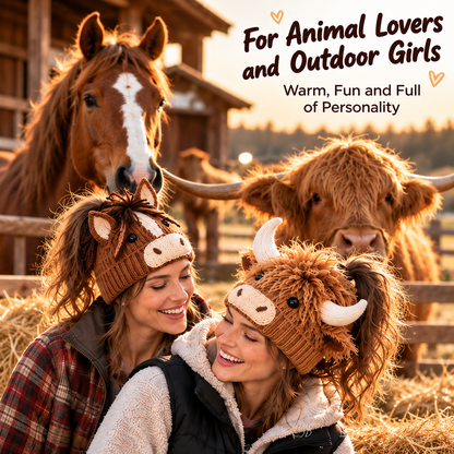 🐮🐴 Cozy Farm Friends™ | Highland Cow & Horse Ponytail Beanie