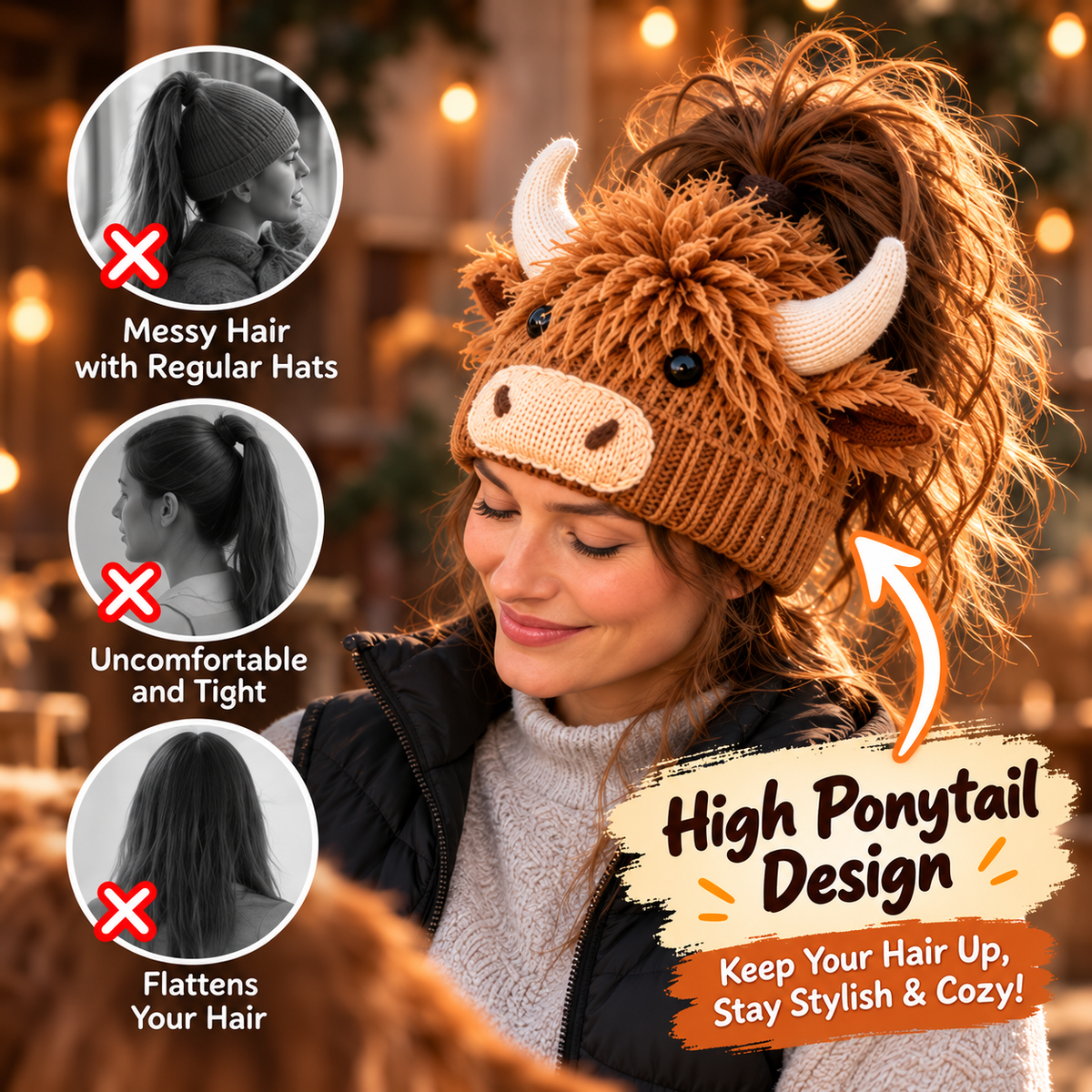 🐮🐴 Cozy Farm Friends™ | Highland Cow & Horse Ponytail Beanie