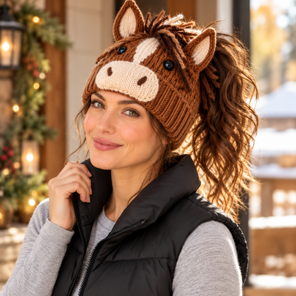 🐮🐴 Cozy Farm Friends™ | Highland Cow & Horse Ponytail Beanie