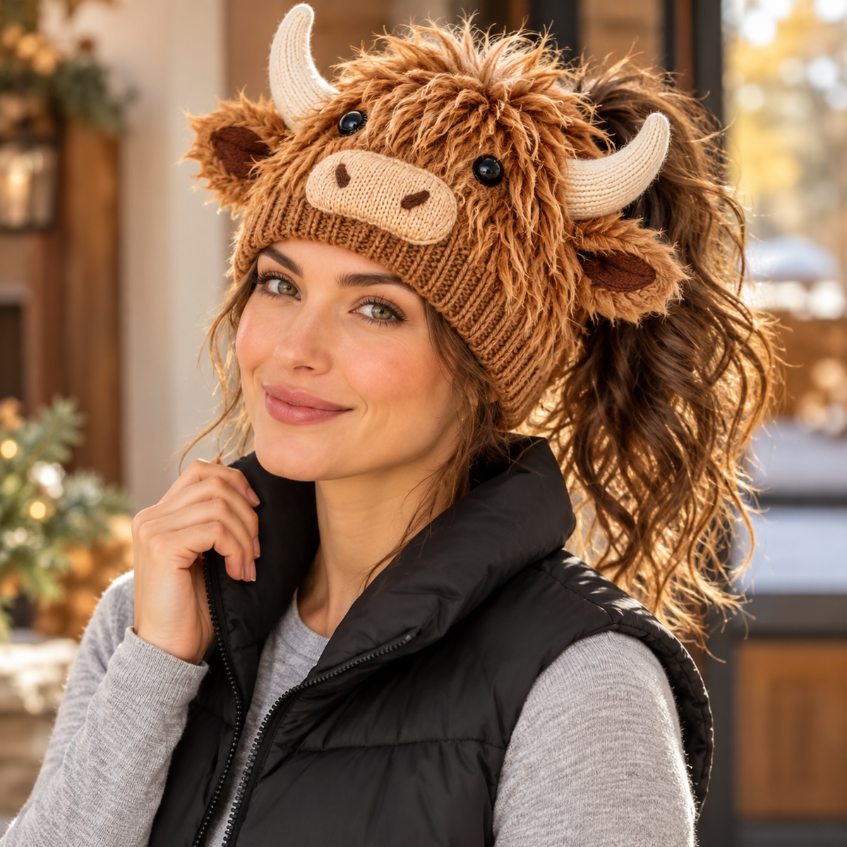 🐮🐴 Cozy Farm Friends™ | Highland Cow & Horse Ponytail Beanie