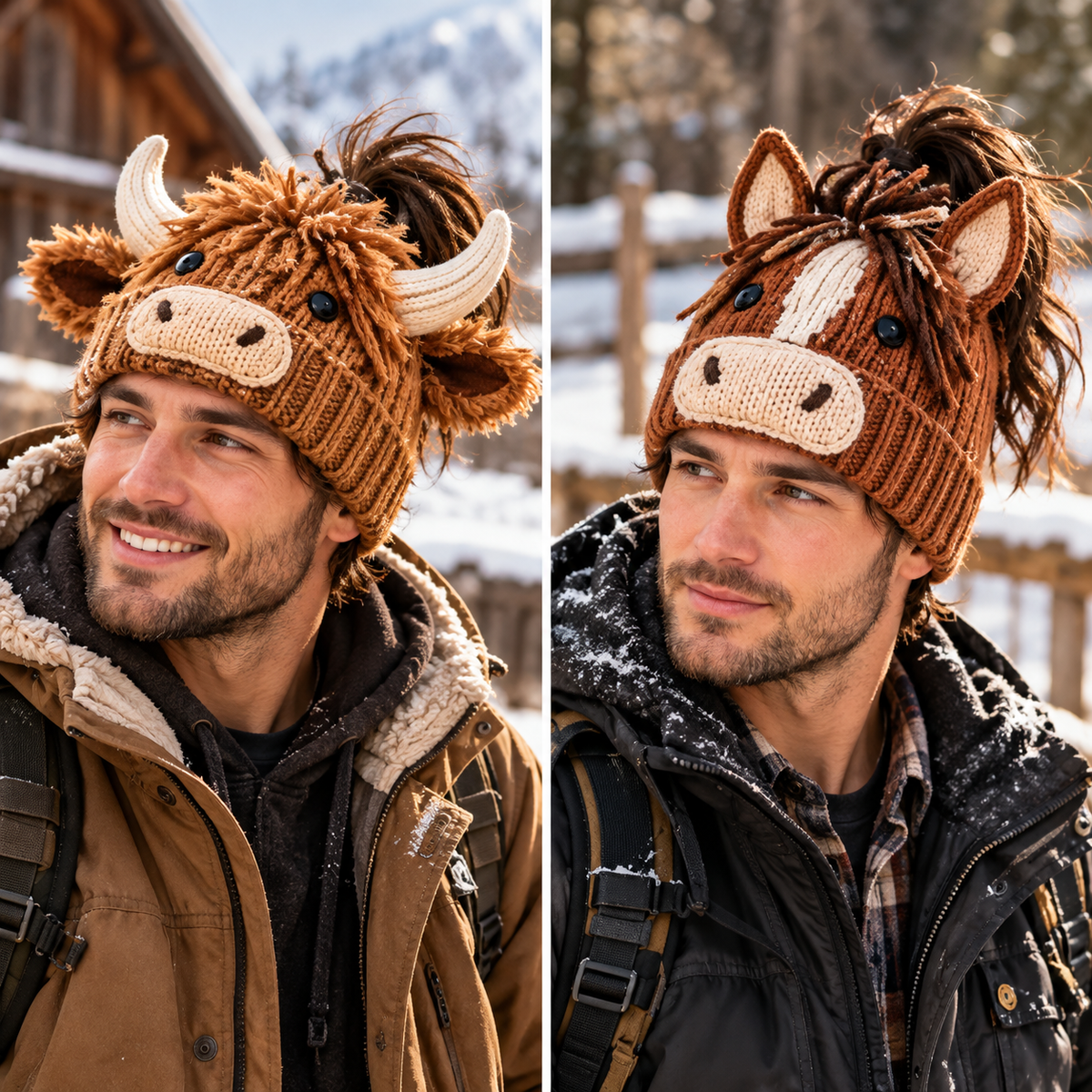 🐮🐴 Cozy Farm Friends™ | Highland Cow & Horse Ponytail Beanie
