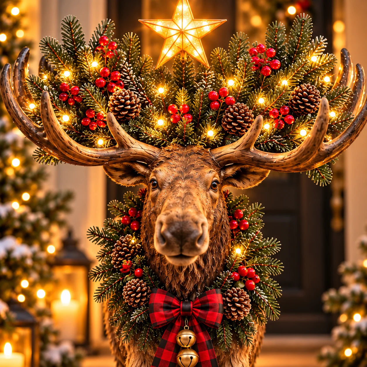 Christmas moose antler details with seasonal greenery