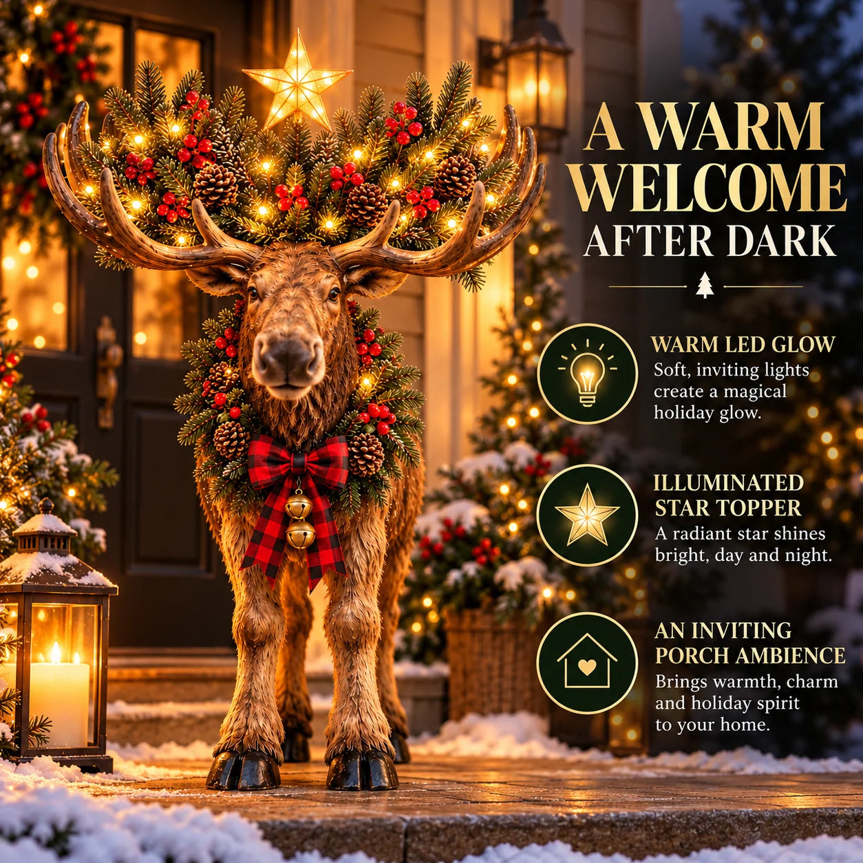 Lighted Christmas Moose glowing during the evening