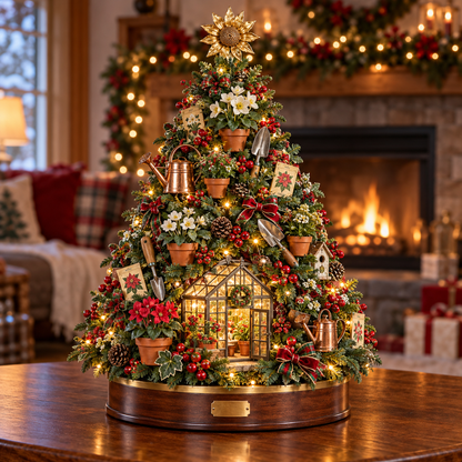 🌻 A Gardener’s Christmas – Lighted Garden Tree with Miniature Greenhouse