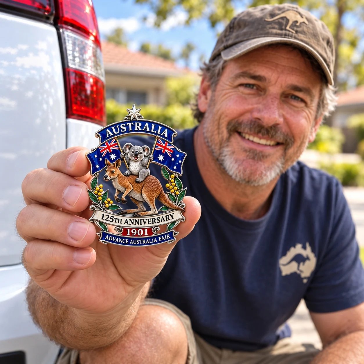 Australian man holding commemorative metal car emblem