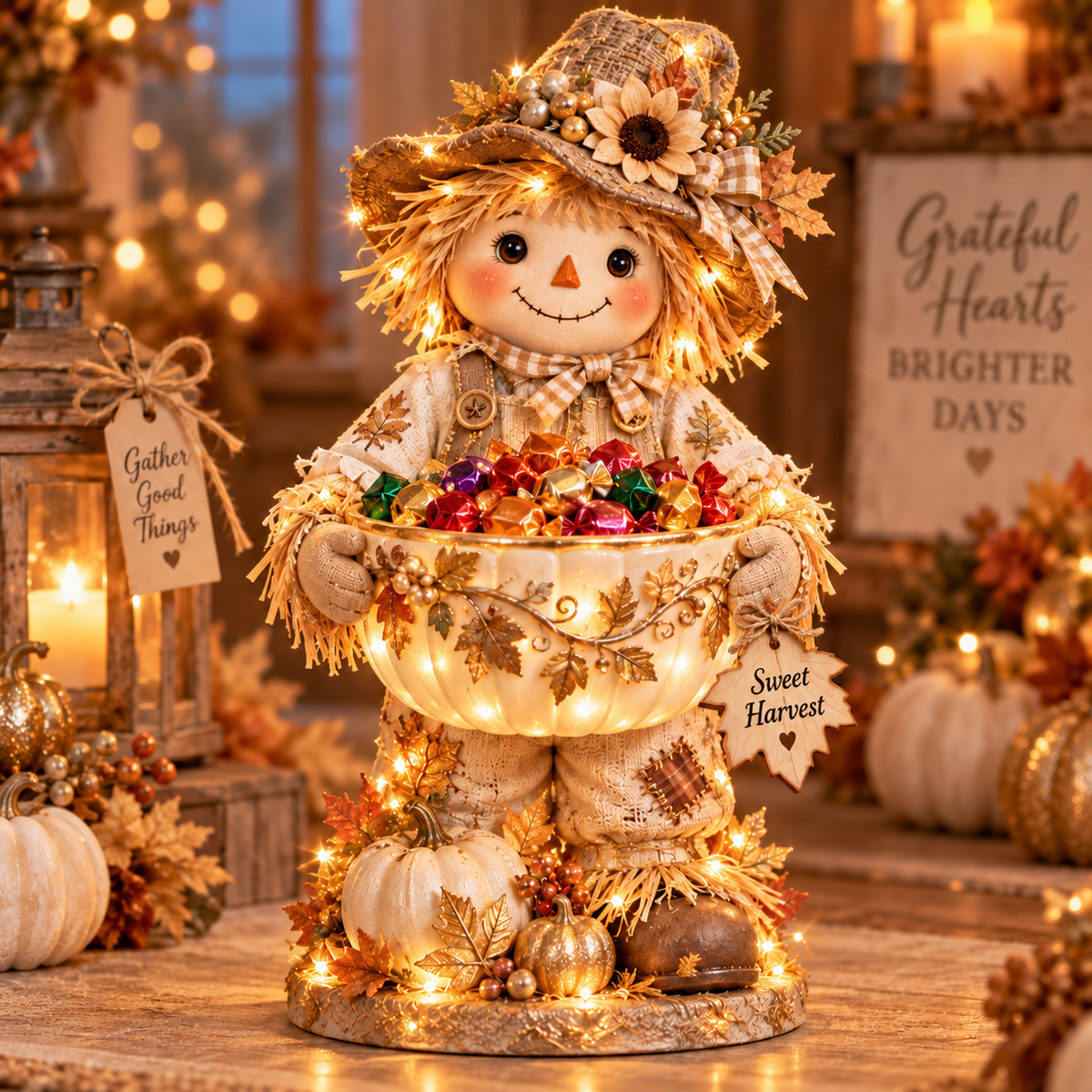 Golden Harvest lighted scarecrow candy bowl
