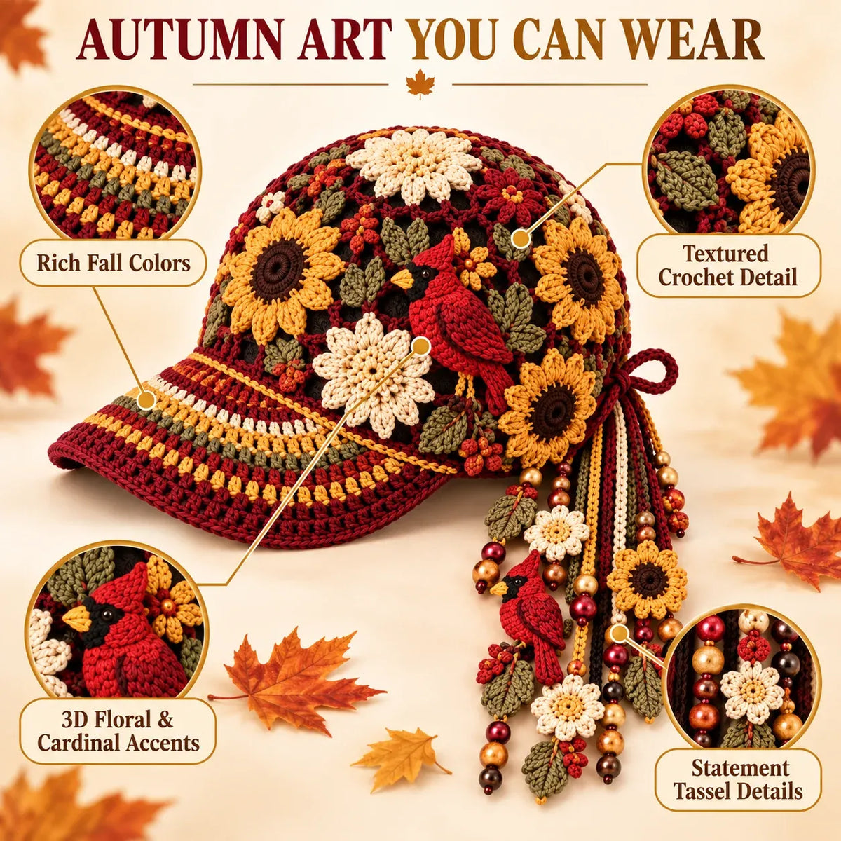 🍂🧶 Handmade Crochet Garden Cap – Floral & Woodland Collection