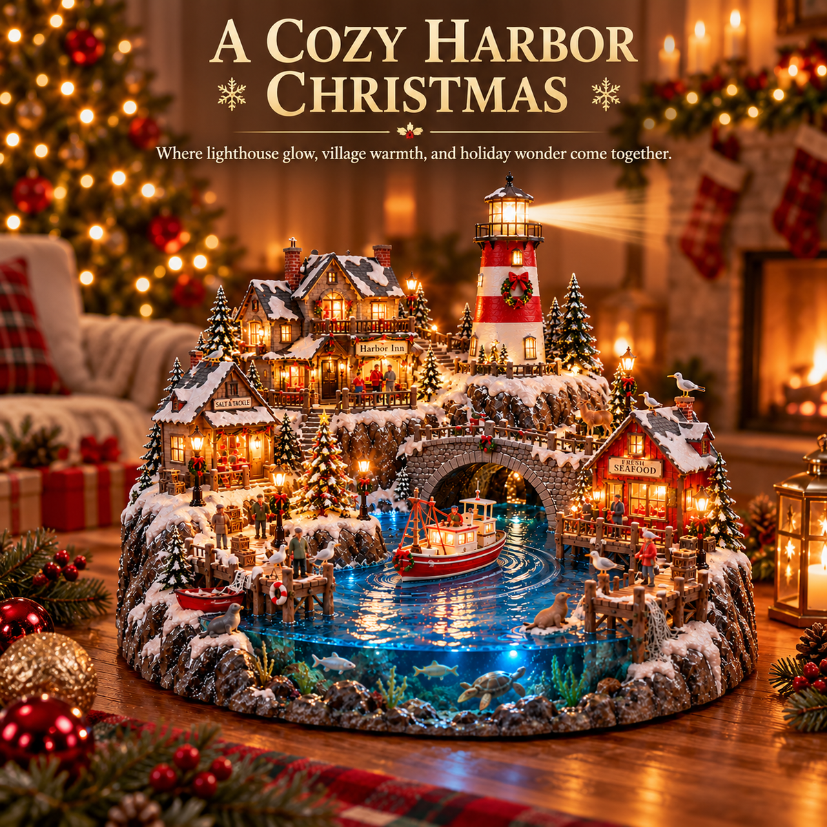 🎄⚓ Harborlight Christmas™ – Magical Lighted Coastal Village with Lighthouse, Fishing Boat & Underwater Wonderland ✨🌊