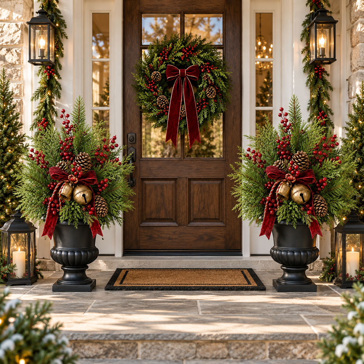 🎄🔔 Evergreen Bell Glow™ | 24" Pre-Lit Christmas Urn Filler with Berries & Pinecones