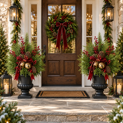 🎄🔔 Evergreen Bell Glow™ | 24" Pre-Lit Christmas Urn Filler with Berries & Pinecones