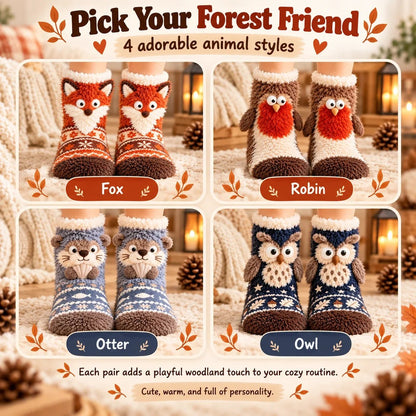 🦊🐦 Cozy 3D Animal Fuzzy Slipper Socks – Cute & Warm House Socks 🦦🦉