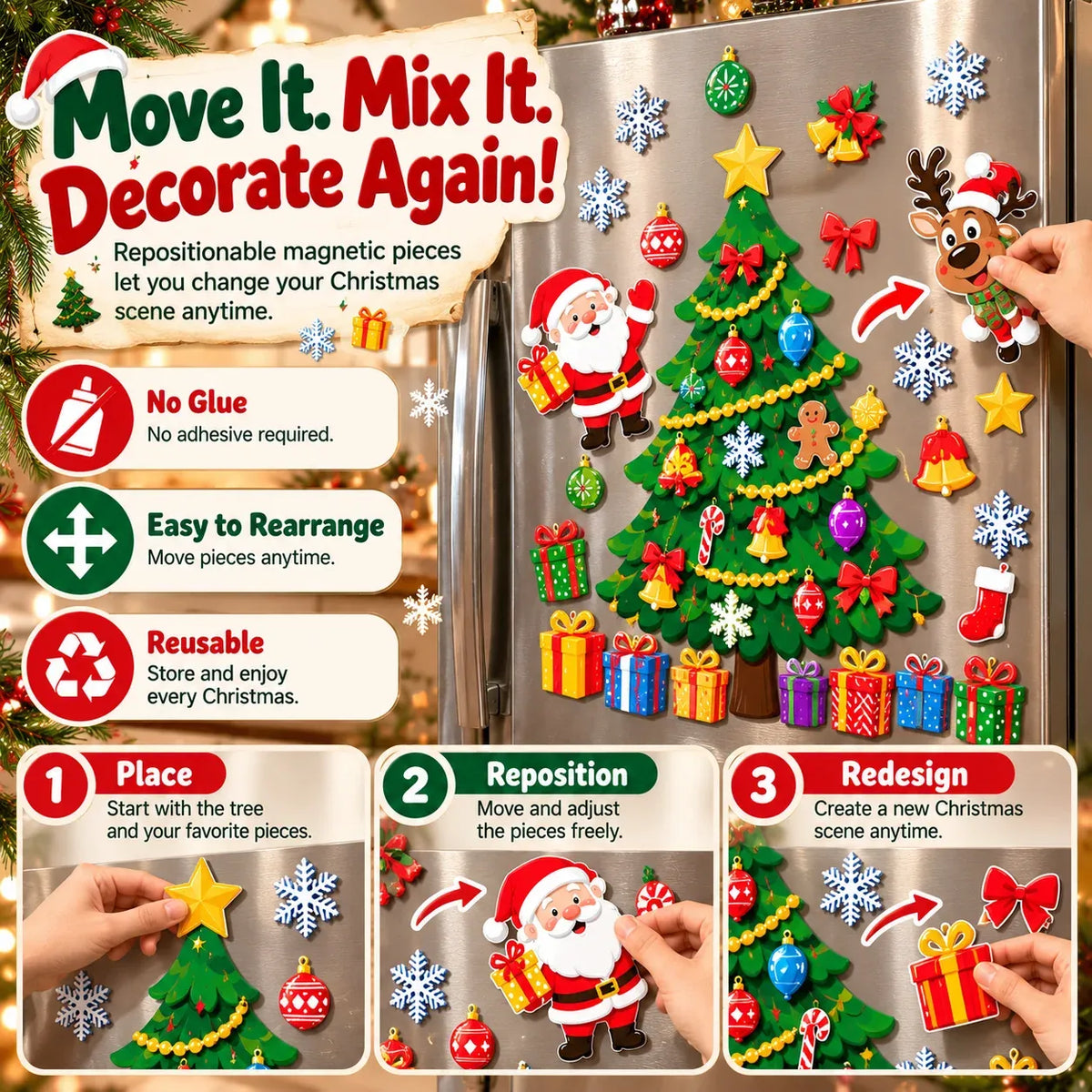 ⏳ Last Day 49% OFF – 🎅 Build Christmas on the Fridge | Reusable Magnetic Tree Set