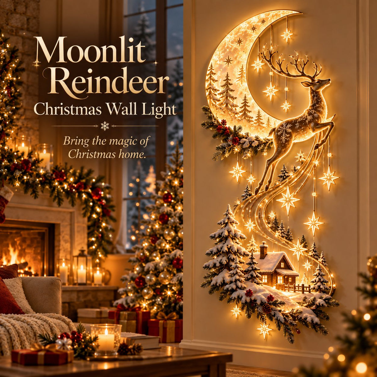 🌙🦌 Moonlit Reindeer Christmas Wall Light ✨ Cozy Winter Cabin & Cascading Stars