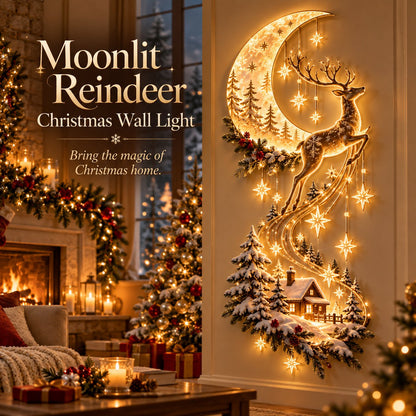 🌙🦌 Moonlit Reindeer Christmas Wall Light ✨ Cozy Winter Cabin & Cascading Stars