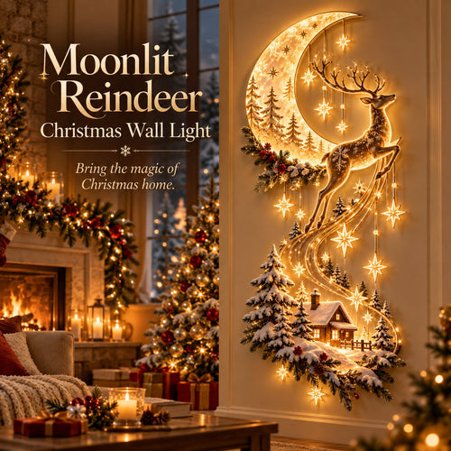 🌙🦌 Moonlit Reindeer Christmas Wall Light ✨ Cozy Winter Cabin & Cascading Stars