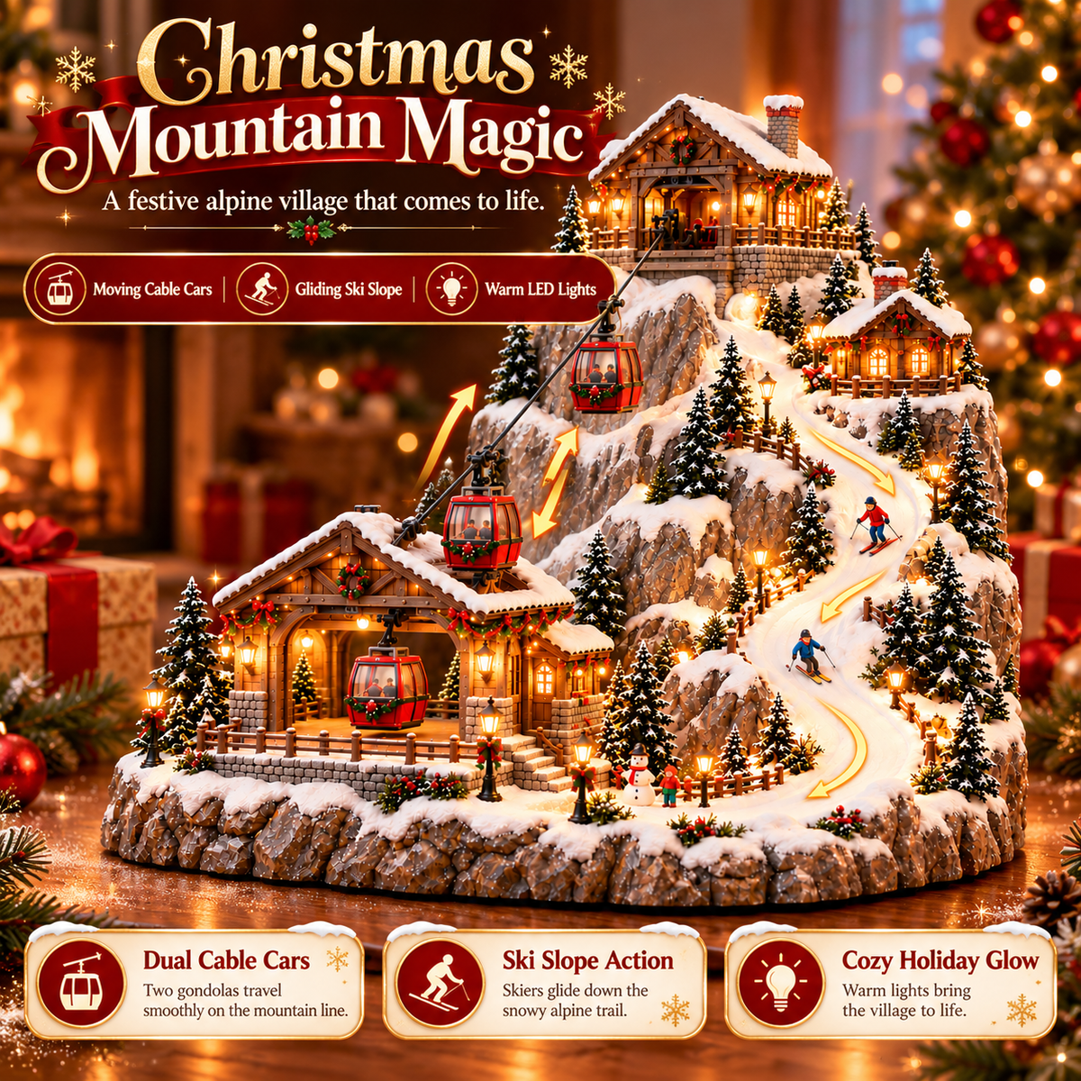 Animated Christmas Mountain Cable Car & Ski Village Scene ✨