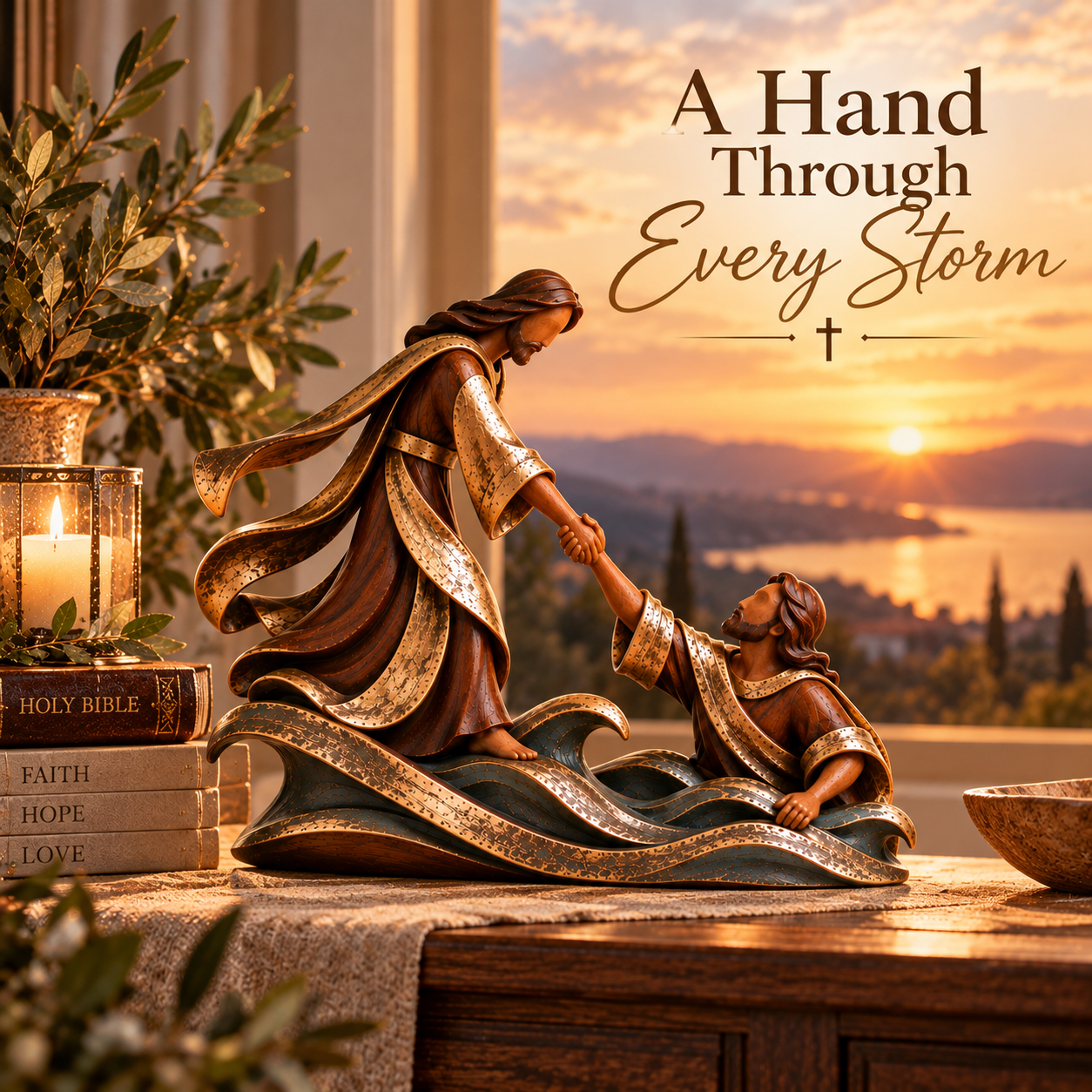 Jesus reaching down to rescue Peter from the waves, displayed in a warm home