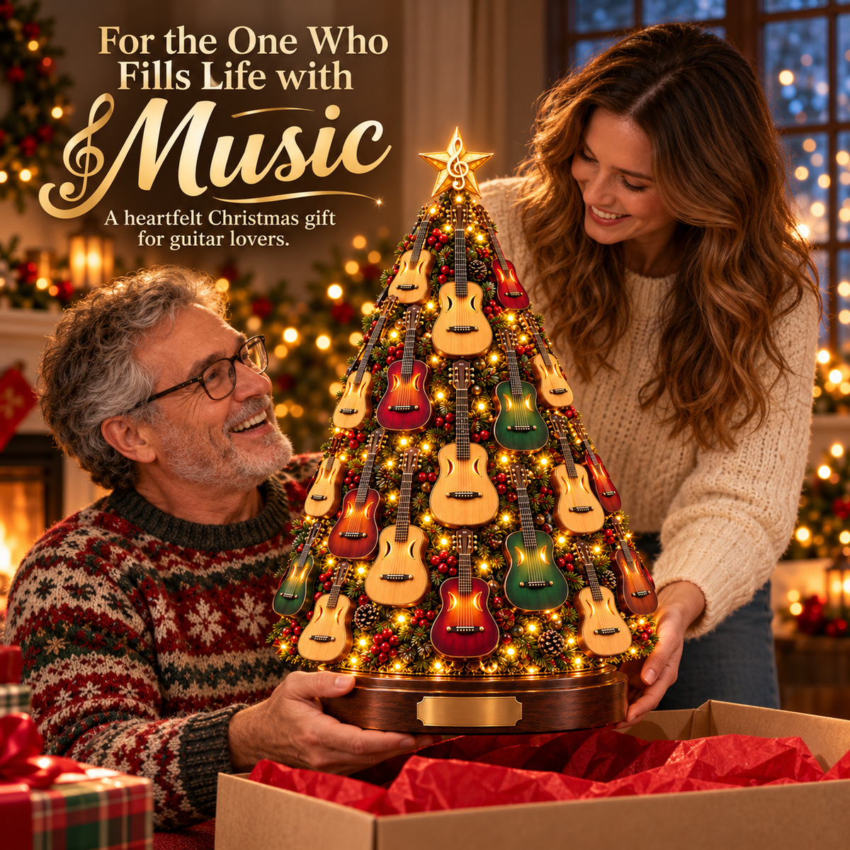 Daughter giving her father an illuminated guitar Christmas tree as a gift