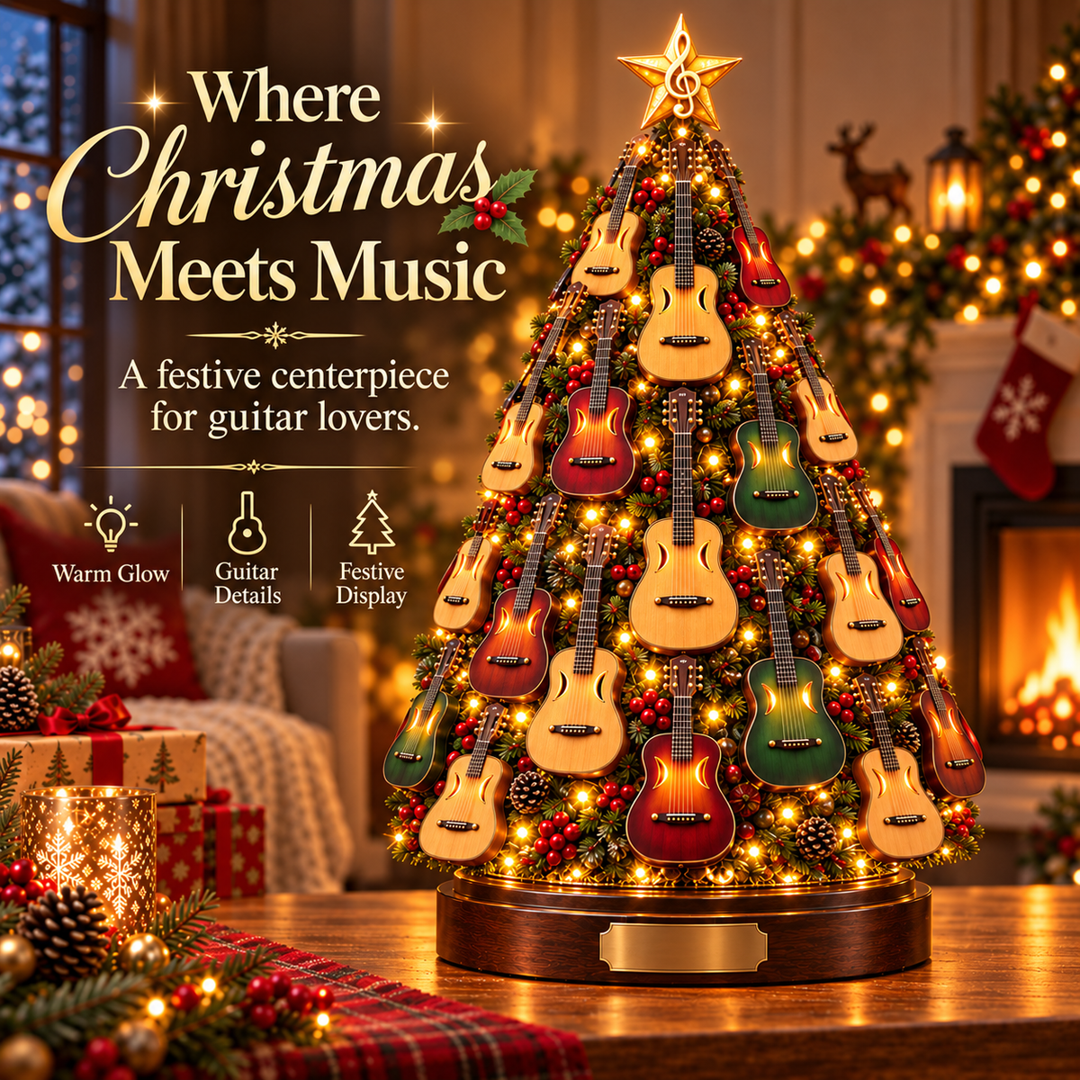 Illuminated acoustic guitar Christmas tree in a cozy living room