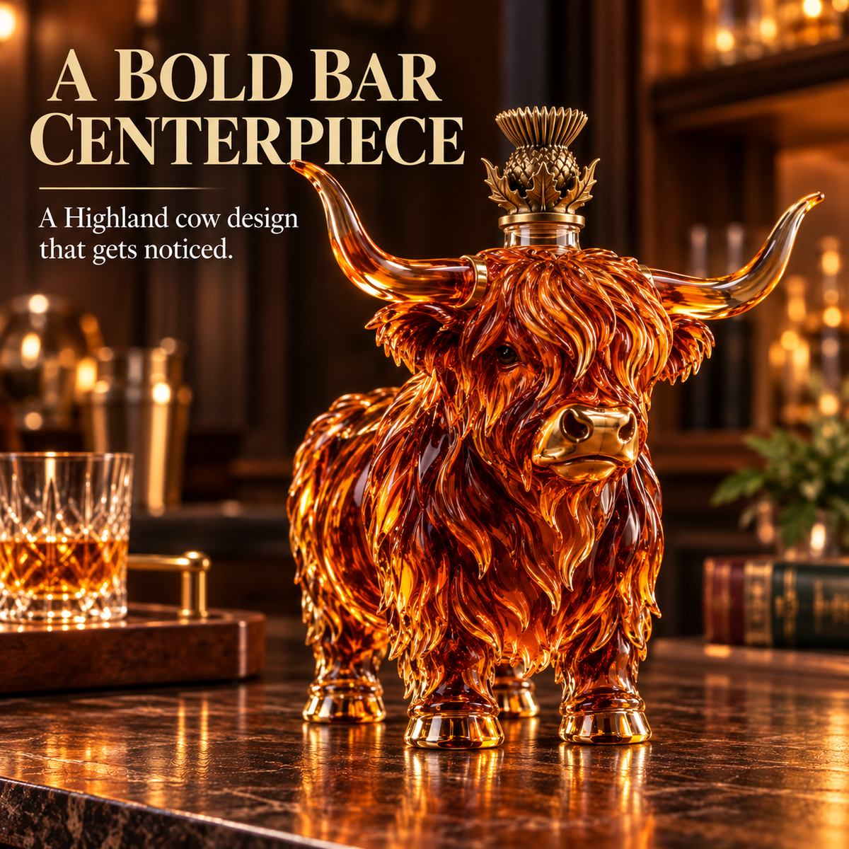 🐂🥃 Highland Spirit™ – Sculptural Highland Cow Whiskey Decanter & Bar Centerpiece