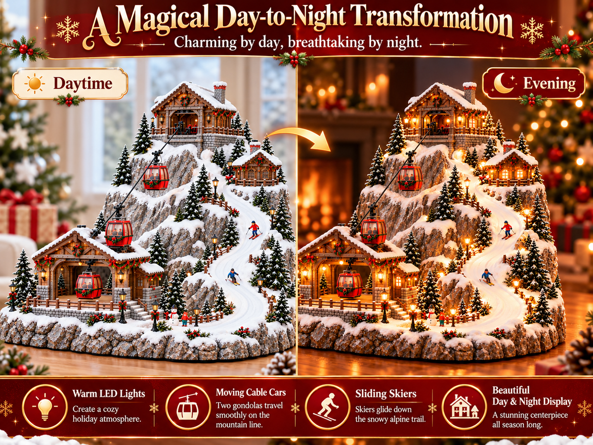 Animated Christmas Mountain Cable Car & Ski Village Scene ✨