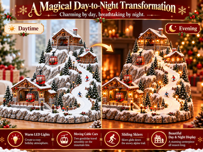 Animated Christmas Mountain Cable Car & Ski Village Scene ✨
