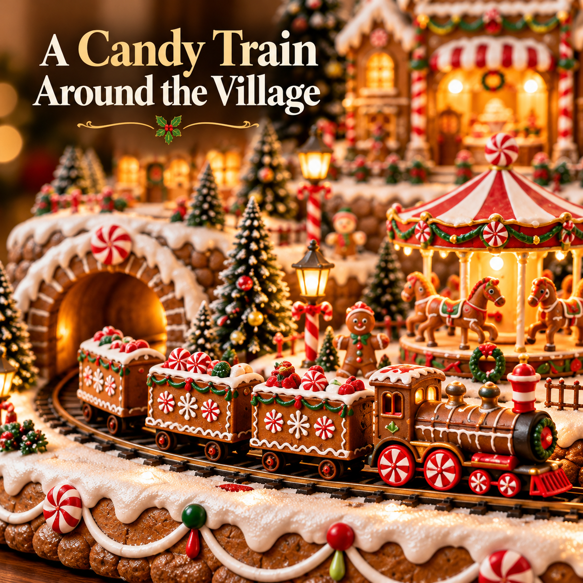 🍪🚂 Gingerbread Christmas World™ | Animated Lighted Village with Moving Train & Carousel