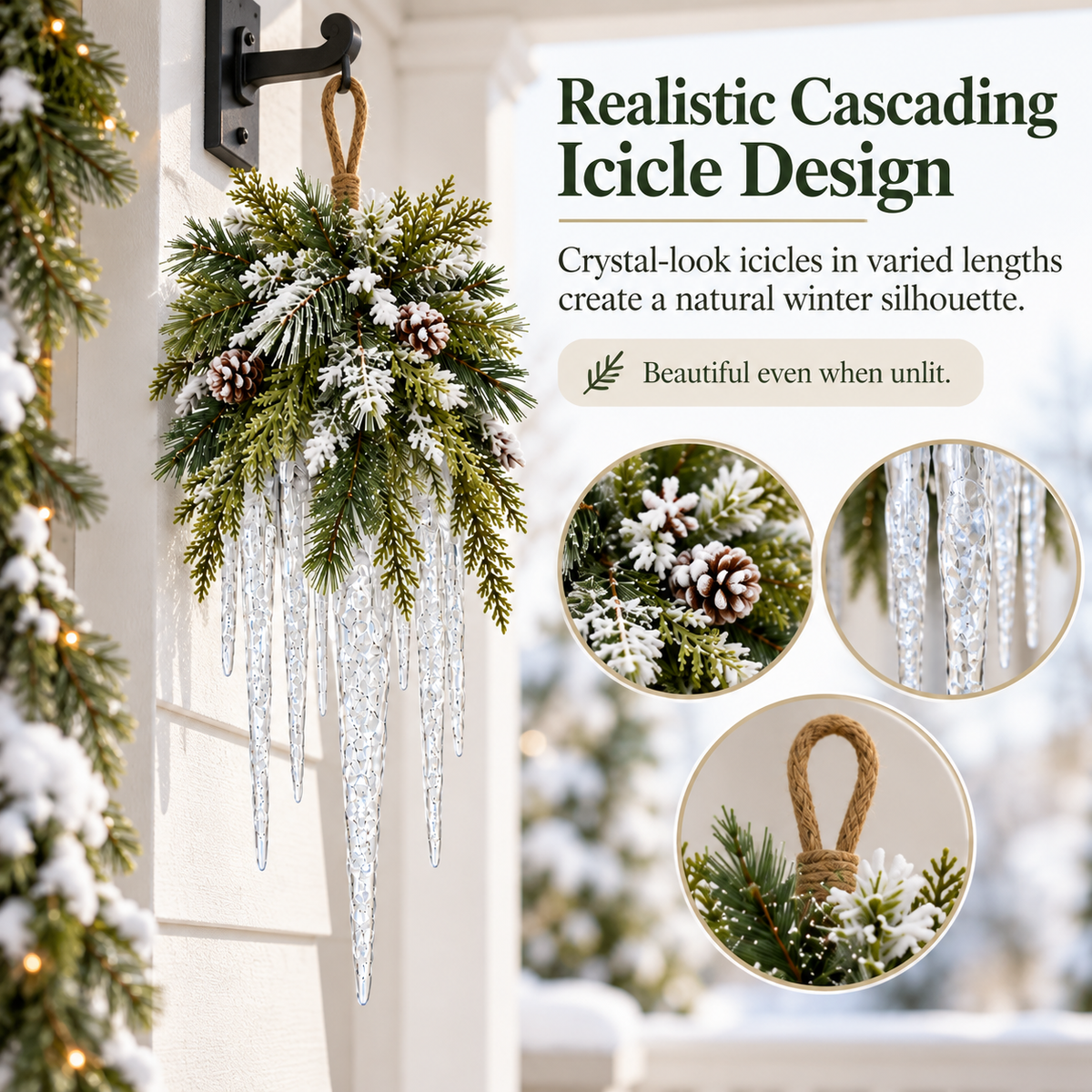 🌲❄️ Frosted Evergreen Icicle Swag – Warm LED Holiday Decor