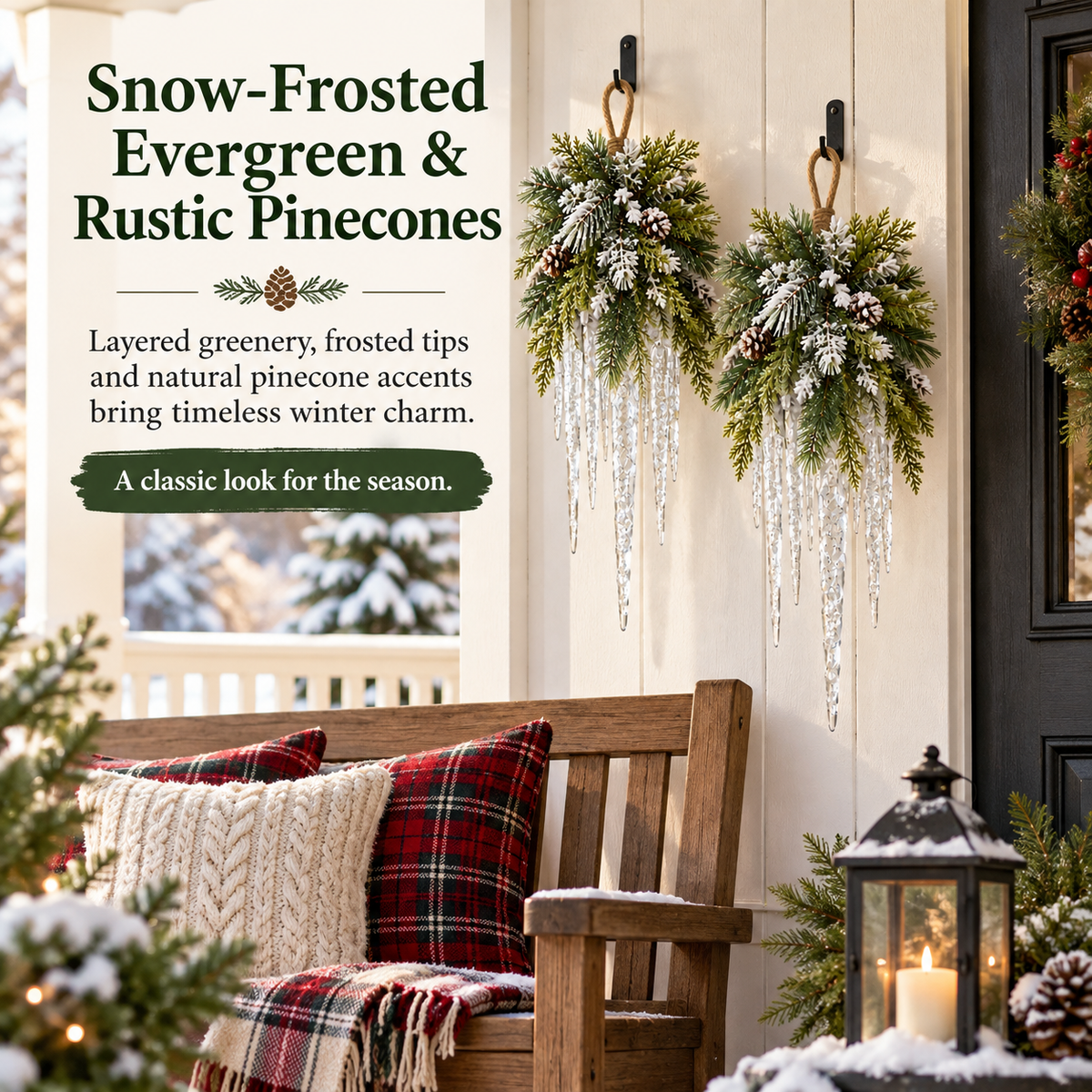 🌲❄️ Frosted Evergreen Icicle Swag – Warm LED Holiday Decor