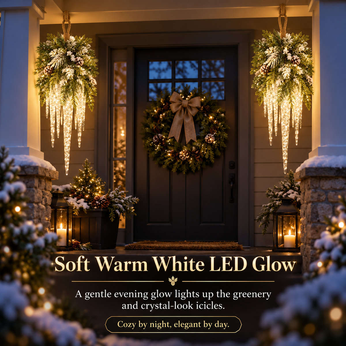 🌲❄️ Frosted Evergreen Icicle Swag – Warm LED Holiday Decor